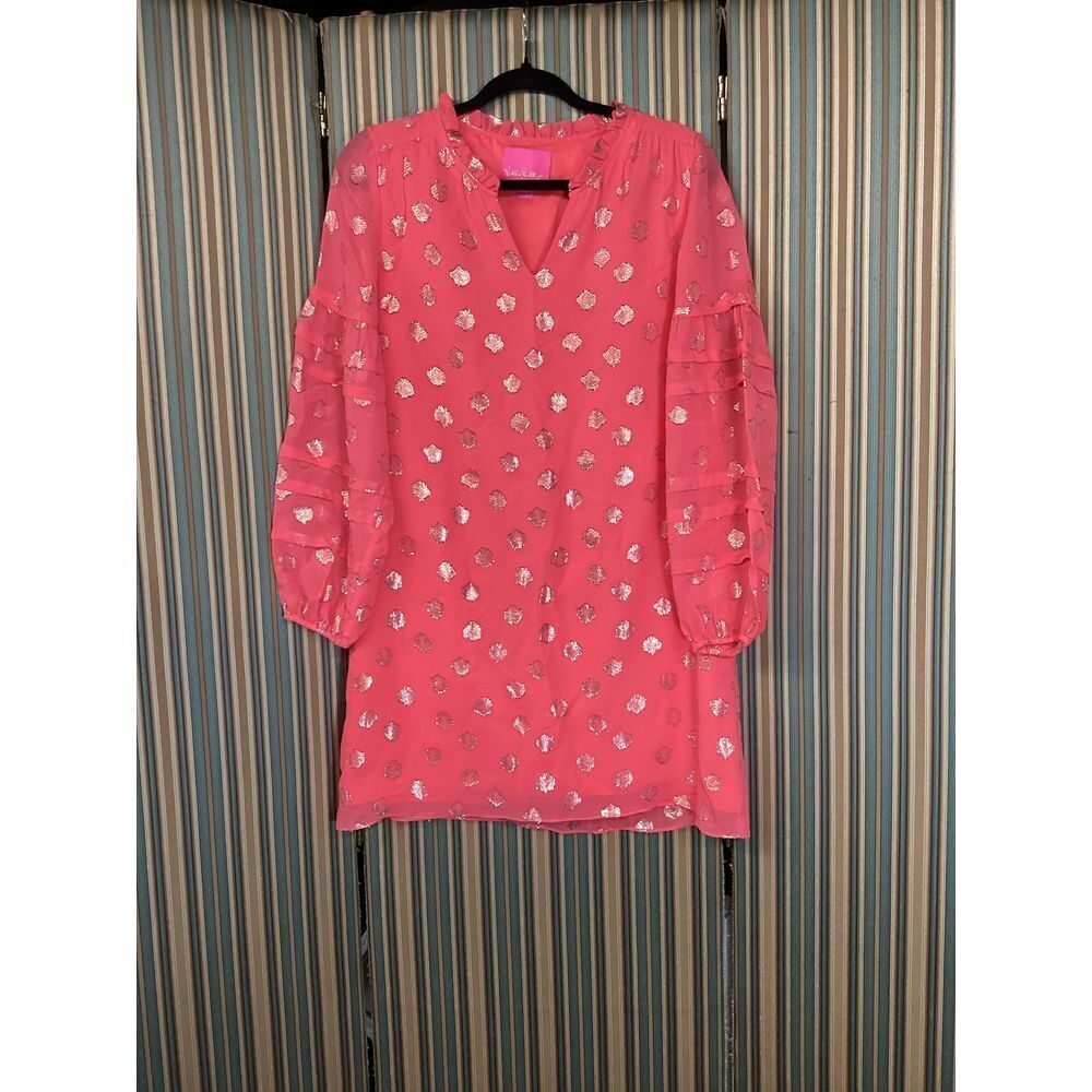 Lilly Pulitzer Coral Pink Long Sleeve Dress with Metallic 
woman’s  size 2